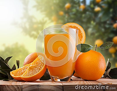 Glass of orange juice and fruits Stock Photo