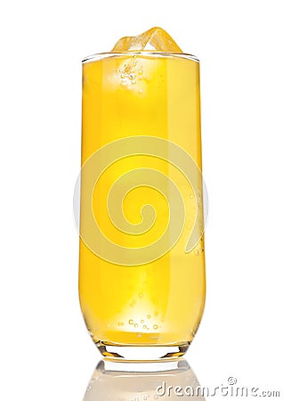 Glass of orange soda with ice cubes and bubbles Stock Photo