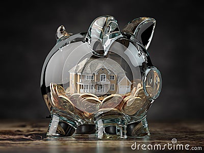 Glass piggy bank with coins and house. Mortgage, savings for real estate or to buy a house concept Cartoon Illustration