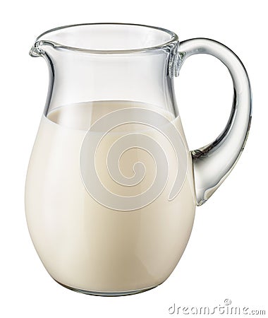 Glass pitcher of fresh milk isolated on white. With c Stock Photo