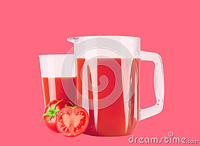 Glass pitcher with tomato juice on pastel pink background Stock Photo