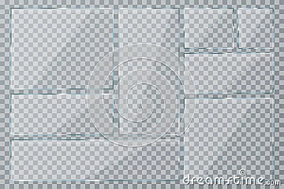 Glass plate set on transparent background. Clear glass showcase Vector Illustration