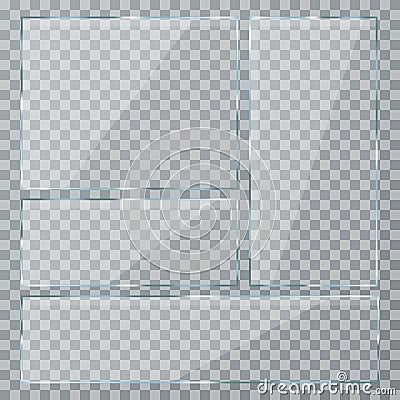 Glass plate set on transparent background. Clear glass showcase. Realistic window mockup Vector Illustration