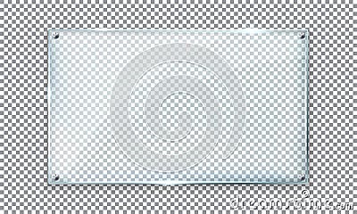 Glass plate on transparent background. Clear glass showcase, mock-up banner, acrylic and glass texture with glares Vector Illustration