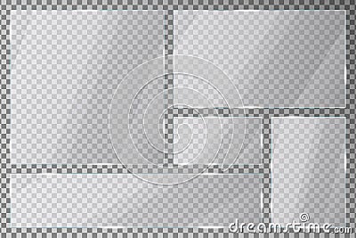 Glass plates set on transparent background. Acrylic or plexiglass plates with gleams and light reflections in rectangle and square Vector Illustration