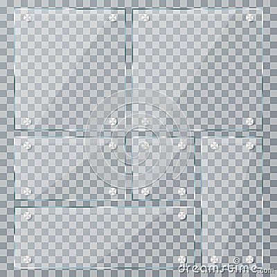 Glass plates on transparent background. Empty realistic acrylic plates with metal clamps Vector Illustration