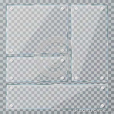 Glass plates on transparent background. Empty realistic acrylic plates with metal clamps Vector Illustration