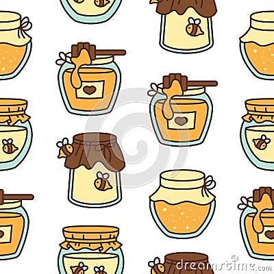Glass pot full of honey. Seamless pattern Vector Illustration