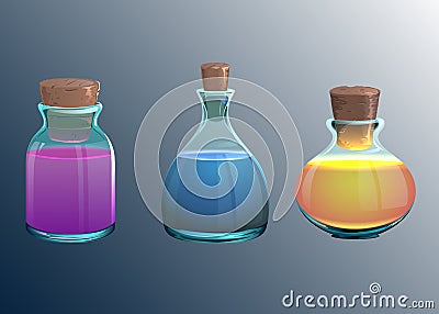 Glass potion bottles. Vector containers with liquid. Cartoon illustrations Vector Illustration