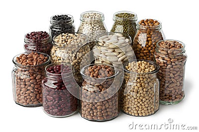 Glass pots with dried beans Stock Photo