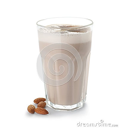 Glass of protein shake and almonds isolated Stock Photo