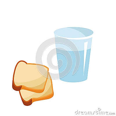 A glass of pure water and two slices of bread for the beginning of Lent. Reduced meal in Lent with bread and water Vector Illustration