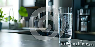 Glass of purified water with water filters in background symbolizing household filtration system . Stock Photo