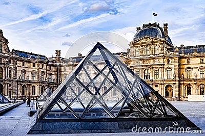 Glass Pyramid and Louvre Museum Editorial Stock Photo