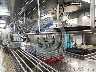 Glass Racks in Commercial Dishwashing Kitchen Stock Photo