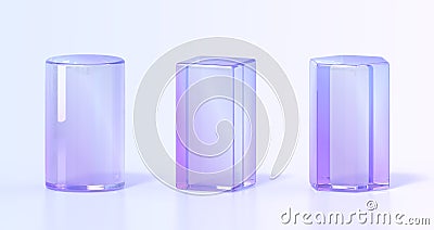 Glass rainbow pedestals or crystal podium 3d render icons set. Abstract geometric empty museum stages with hologram Cartoon Illustration
