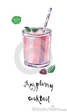 Glass of raspberry cocktail with straw, leaves of mint and fresh Vector Illustration