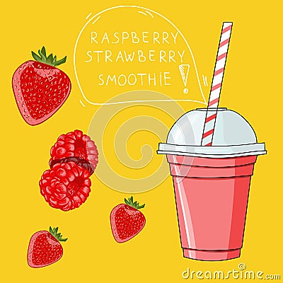Glass with raspberry strawberry smoothie. Natural bio drink, healthy organic food. Hand drawn vector illustration in doodle style Cartoon Illustration