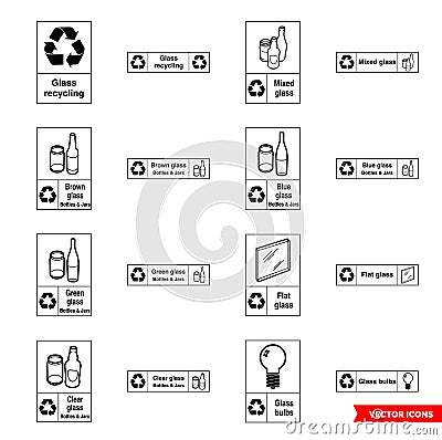 Glass recycling signs icon set of outline types. Isolated vector sign symbols. Icon pack Stock Photo
