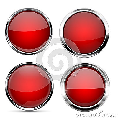 Glass red buttons. Round 3d icons with metal frame and reflection Vector Illustration