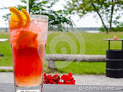 Glass of red coctail with ice, lemon, orange Stock Photo