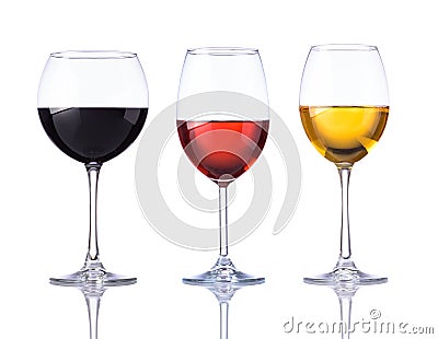 Glass Red, Rose and White Wine Isolated on White Background Stock Photo