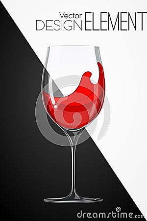 Glass with red wine on abstract black and white background. Strict artsy style. Colored cartoon vector illustration. Vector Illustration