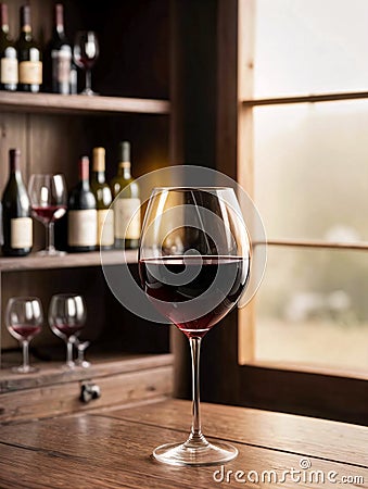 Glass of red wine on the background of bottles and shelves with wine Stock Photo