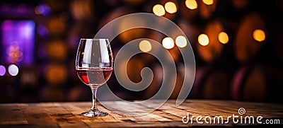Glass of red wine with a blurred background of cellar, wine-vault with barrels. Generative AI Stock Photo