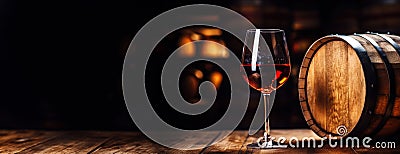 Glass of red wine with a blurred background of cellar, wine-vault with barrels. Generative AI Stock Photo