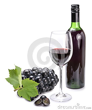 Glass of red wine and with bunches of grapes isolated on white background, Glass of wine and Wine bottle on white. Stock Photo