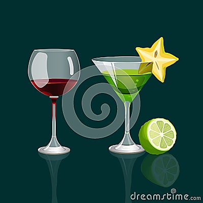 Glass of red wine and cocktail drink with carambola Vector Illustration