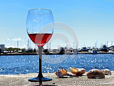 Glass of red wine on table in beach yachting club restaurant on horizon boat in harbor seascape blue sky and seashell lifestyle Stock Photo