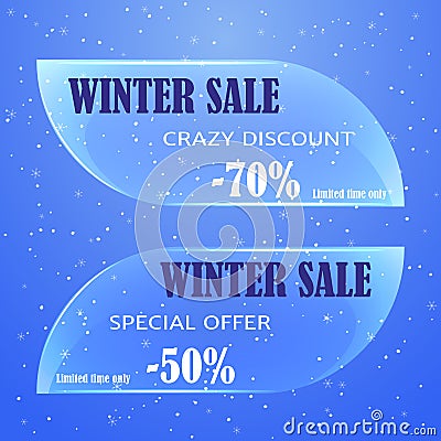 Glass sale tag, badges, labels or banner for Christmas on blue background. Vector Illustration