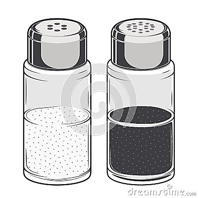 Glass salt and pepper shakers isolated on a white background. Color Line art. Retro design. Vector Illustration