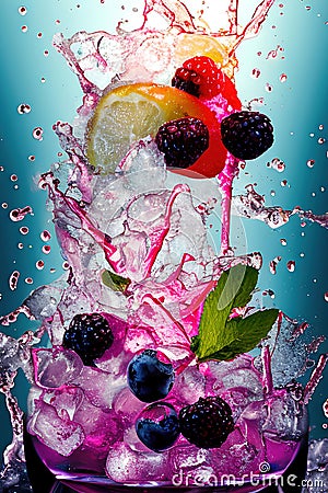 Glass with scattered mixed berries drink with ice as fresh juicy. Generative Ai Cartoon Illustration