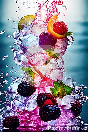 Glass with scattered mixed berries drink with ice as fresh juicy. Generative Ai Cartoon Illustration