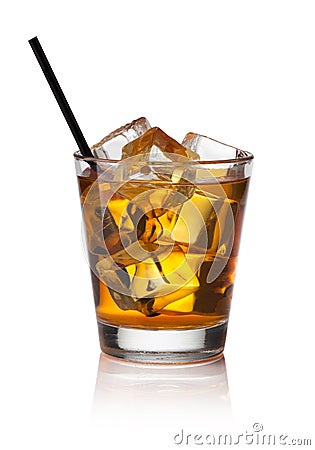 Glass of scotch whiskey and ice Stock Photo