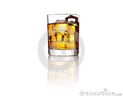 Glass of scotch whisky and ice on white Stock Photo