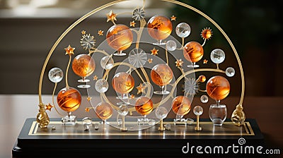 A glass sculpture of a tree with orange balls, AI Stock Photo