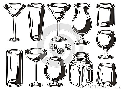 Glass set with empty glasses for bartending. Design elements for cocktail bar or party and barman Vector Illustration