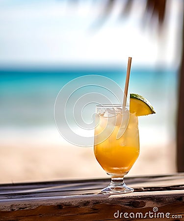 Glass with sex on the beach cocktail on wooden board against seascape, blue sky and palm leaf. Summer vacation concept. Created Stock Photo