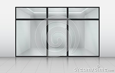 Glass shop doors. Store front with window frame. Realistic office exterior or retail showcase. View of mall wall Vector Illustration