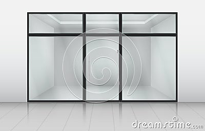 Glass shop doors. Store front with window frame. Realistic office exterior or retail showcase. View of mall wall Stock Photo