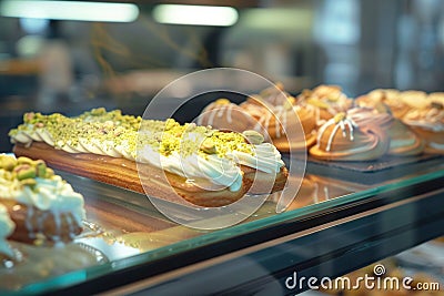 Glass showcase in cafe features delectable close up of chocolate cookies Stock Photo