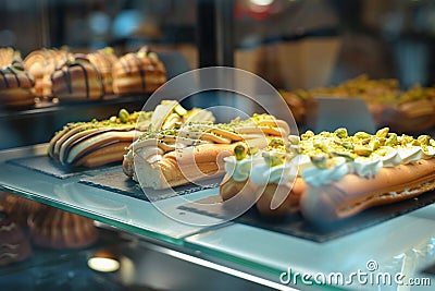 Glass showcase in cafe features delectable close up of chocolate cookies Stock Photo