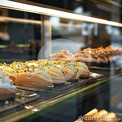 Glass showcase in cafe features delectable close up of chocolate cookies Stock Photo