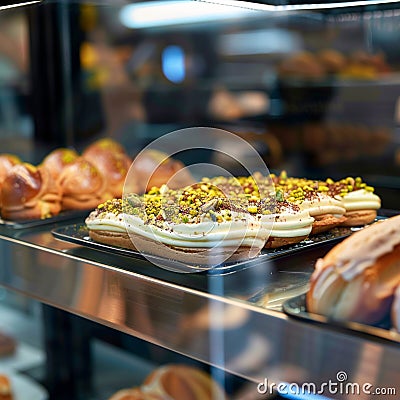 Glass showcase in cafe features delectable close up of chocolate cookies Stock Photo