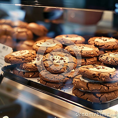 Glass showcase in cafe features delectable close up of chocolate cookies Stock Photo