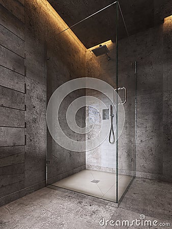 Glass shower room on a dark brown wall background Stock Photo